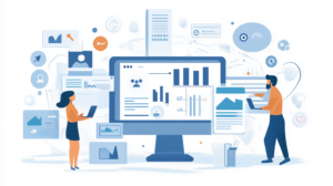 Imagem mostra duas pessoas analisando um produto, de maneira abstrata. Todos os elementos apontam para os clientes, que estão no centro. Isso mostra como uma product-led company funciona, direcionada ao consumidor.