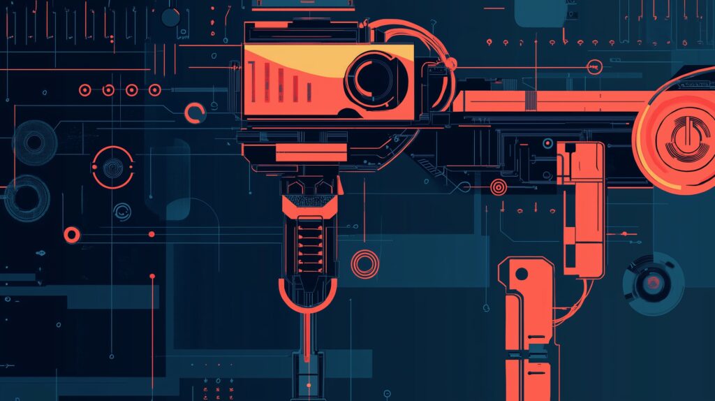 Imagem mostra uma linha de produção formada por um fluxo de processos, de maneira abstrata, simbolizando a etapa de teste de protótipo da automação de processos