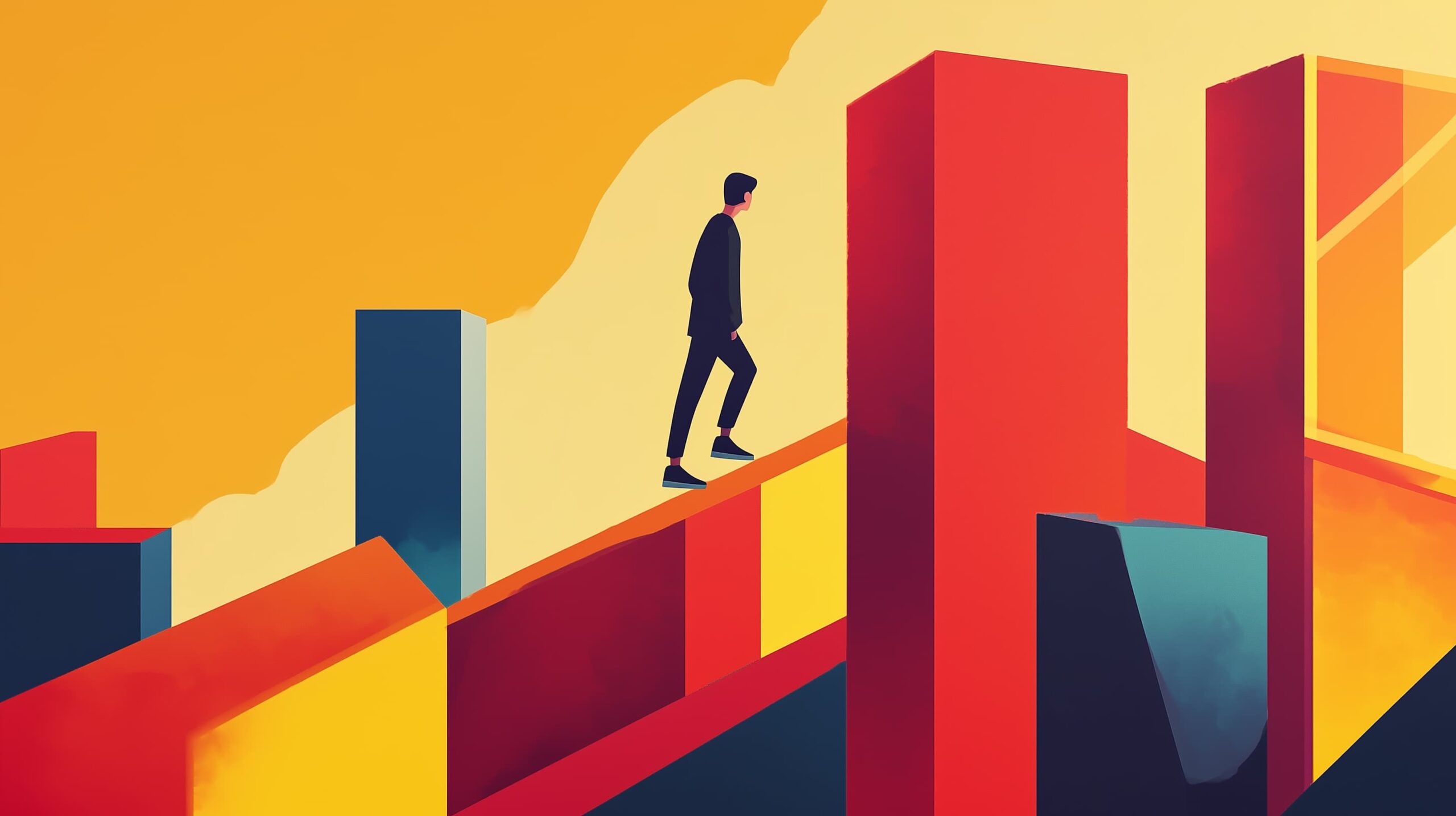 Imagem mostra um executivo subindo degraus representados por linhas de um gráfico em ascensão, representando os resultados de superar os desafios e barreiras que travam a agilidade nas empresas