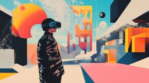 A imagem mostra uma pessoa utilizando um óculos de realidade virtual, representando a relação entre metaverso e os negócios