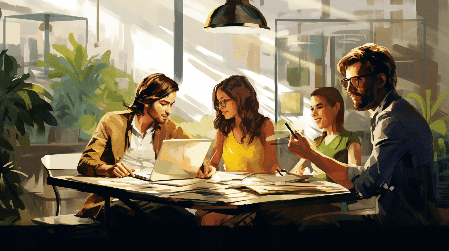 uma ilustração de um grupo de jovens trabalhando em um escritório