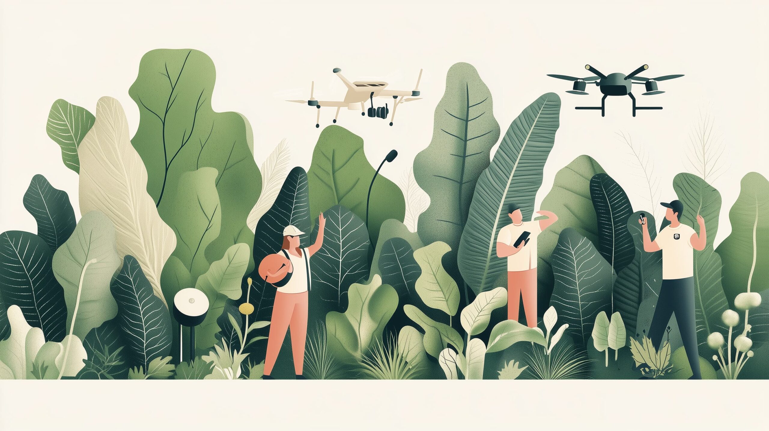 Ilustração de personagens numa área de mata com drones voando sugerindo a monetização de dados