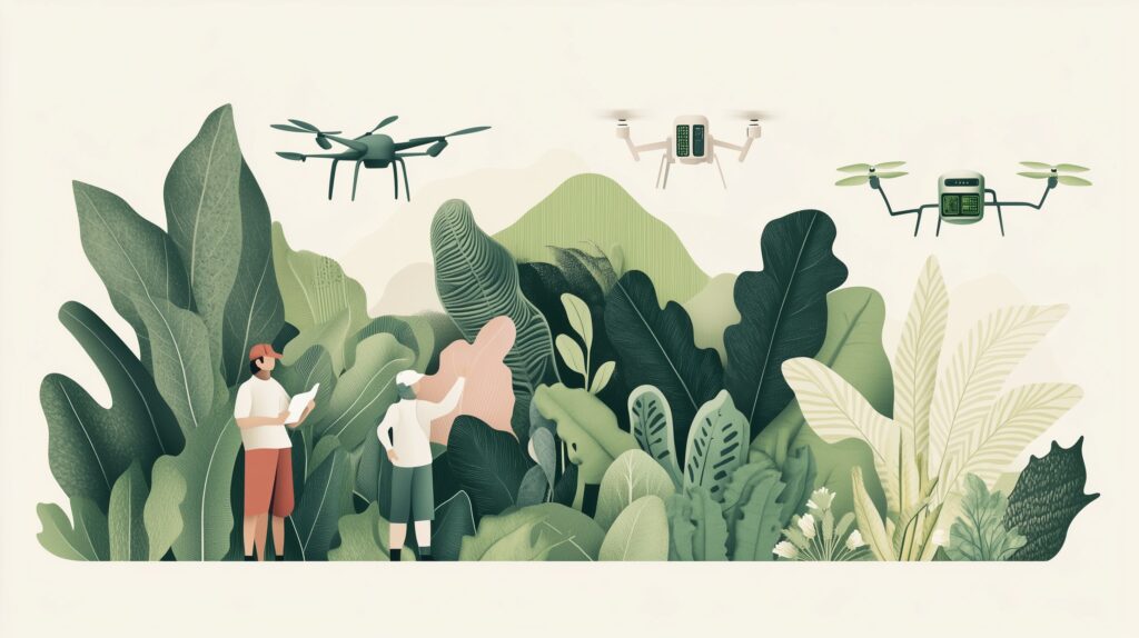 Ilustração mostrando figuras em um ambiente de mata com drones, sugerindo monetização de dados