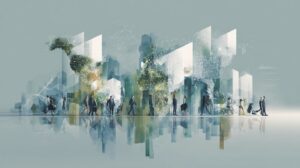 A imagem mostra um fluxo de pessoas em um ritmo corporativo, com referências à economia global no fundo, demonstrando a ideia da vantagem estratégica ao redor do mundo