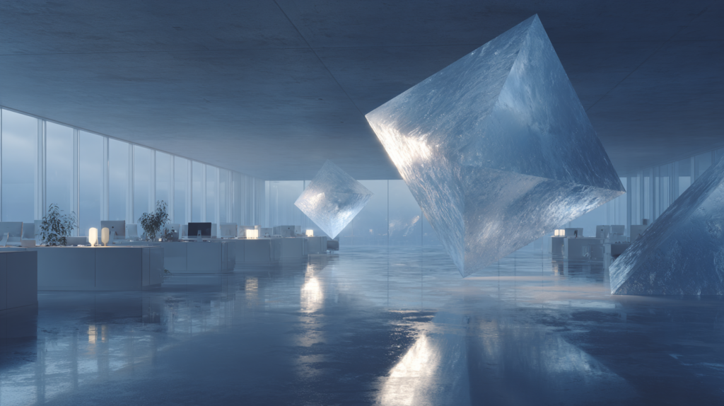 escritório futurista com formas geométricas decorando o ambiente