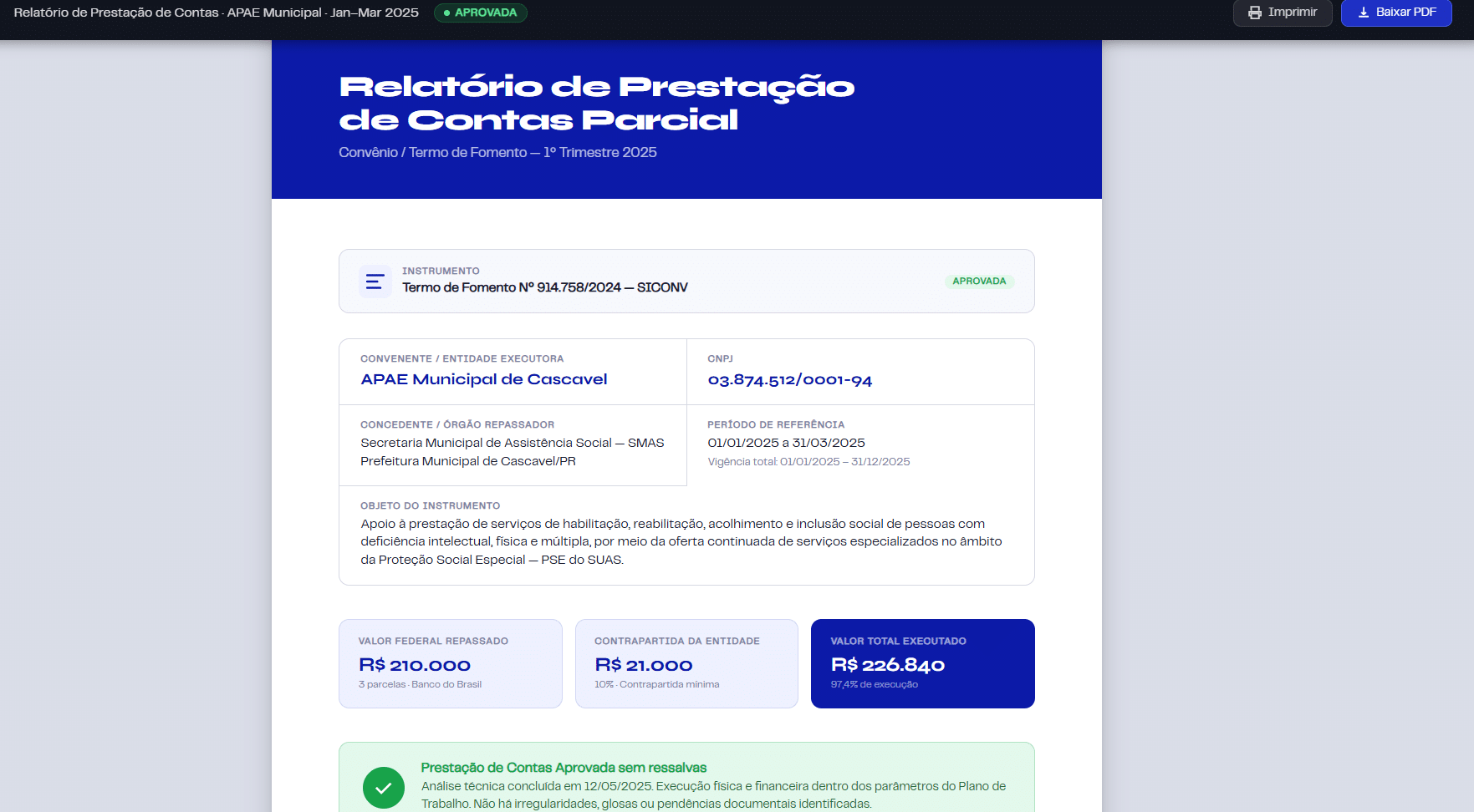 Relatório de prestação de contas gerado
